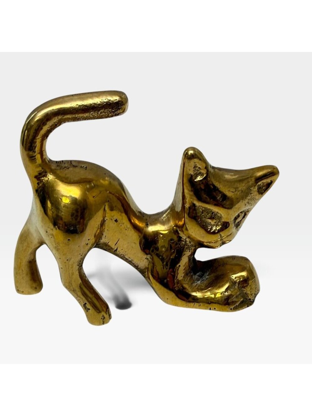 Brass Cat Mini Figurine Goldtone Vintage Gold Tone MCM Style Collectible 1.75"